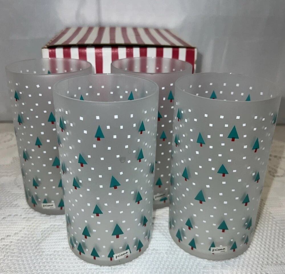 Vintage Prisma Set 4 White Christmas Frosted High Ball Glasses 16oz Japan NIB